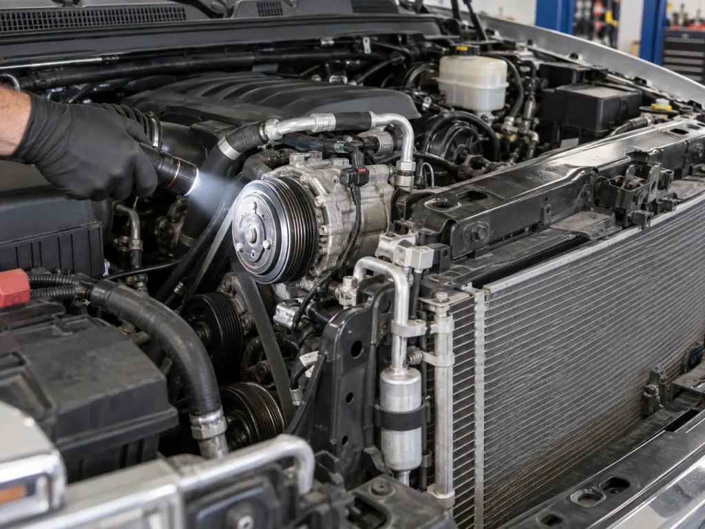 Ram engine bay showing the AC compressor clutch and condenser in front of the radiator