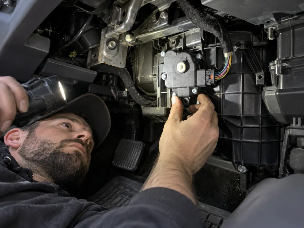 Blend door actuator mounted on the HVAC housing under a Ram dashboard