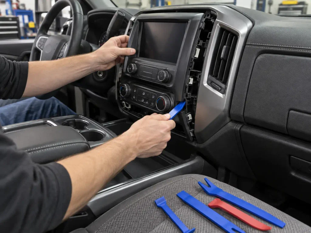 Removing the center stack trim on a Ram dashboard to access the climate control panel