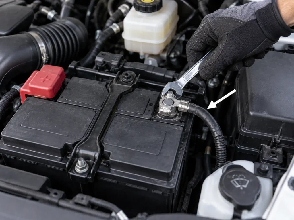 Disconnecting the negative battery cable on a Ram truck to reset the climate control