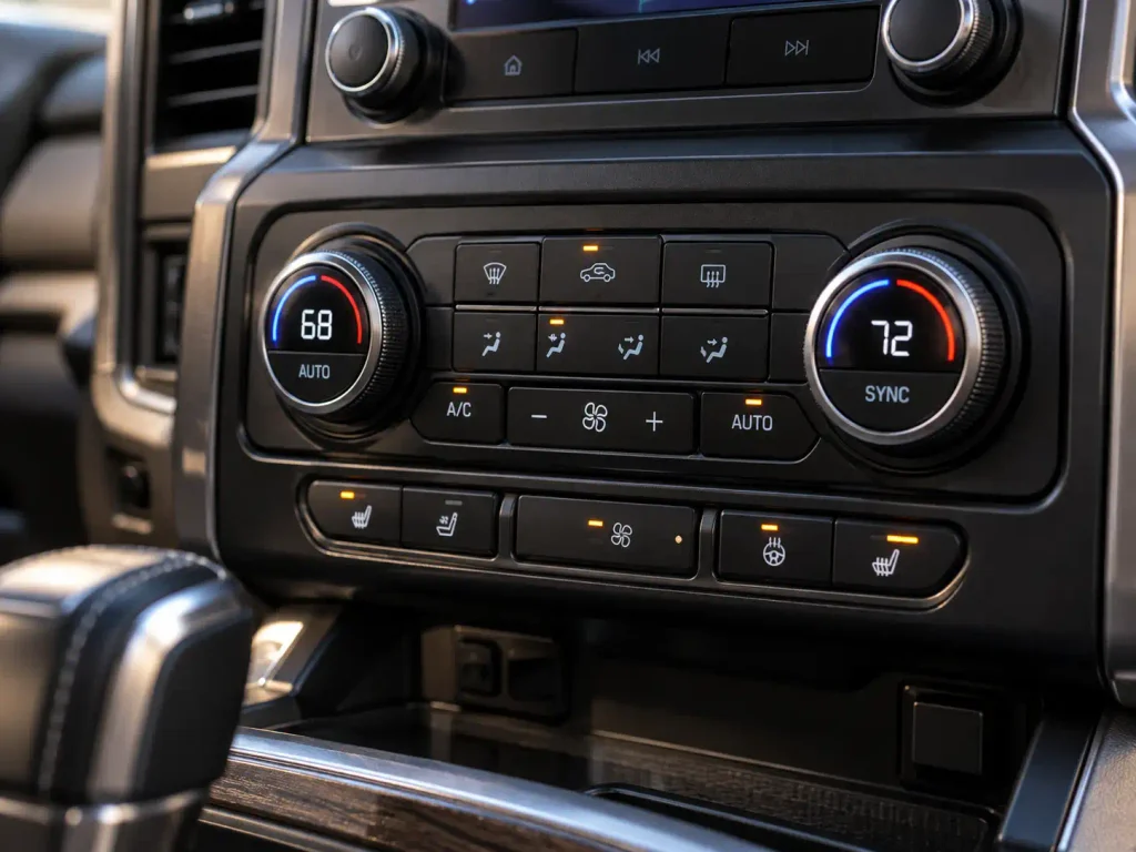 Dodge Ram dashboard dual-zone climate control panel with temperature knobs and fan buttons