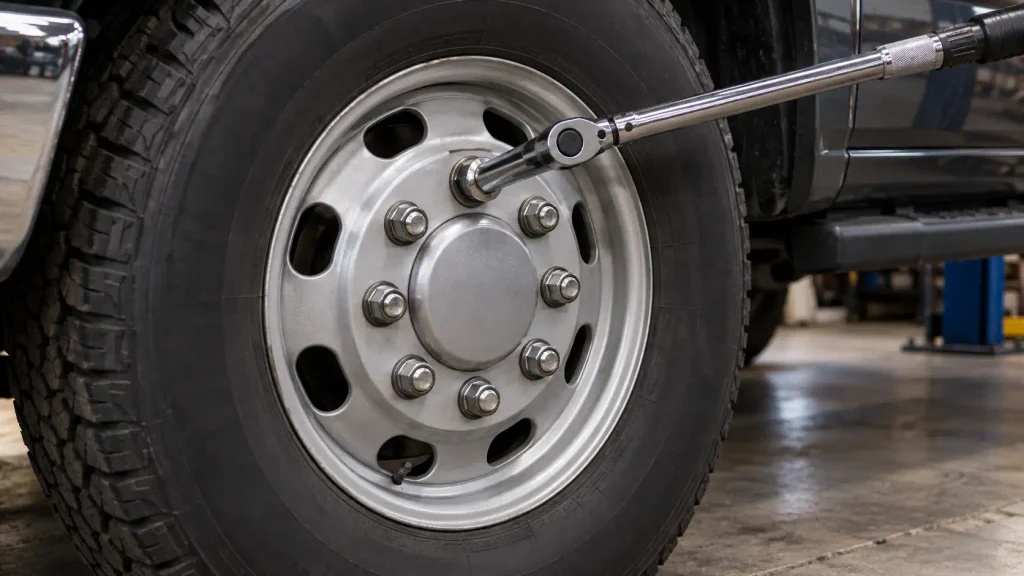 Torque wrench on an eight-lug Ram 2500 wheel