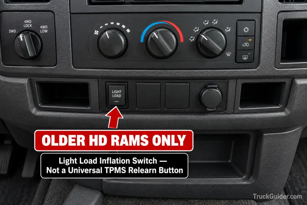 Older Dodge Ram 2500 3500 TPMS Light Load Inflation switch location