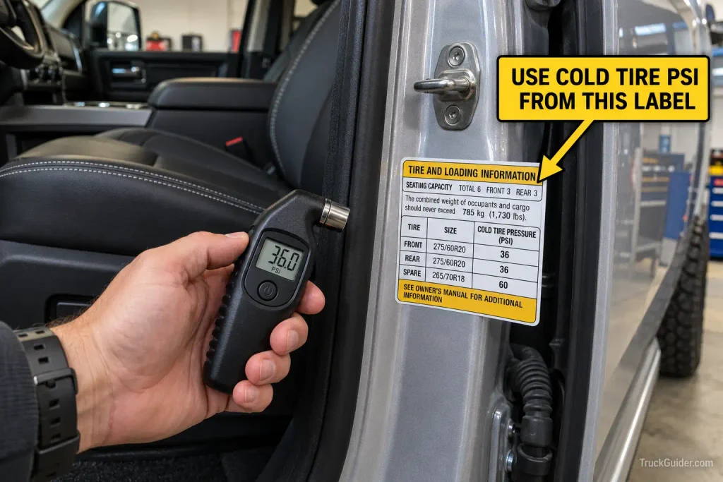 Ram tire pressure placard location on driver door jamb for correct TPMS PSI