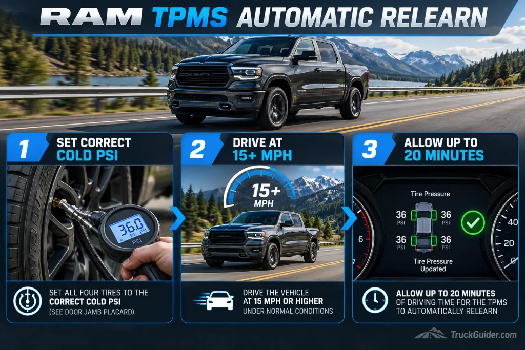 Ram TPMS automatic relearn procedure using correct tire pressure and drive cycle