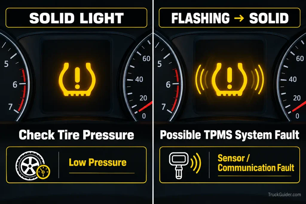 Solid vs flashing Ram TPMS warning light and possible causes