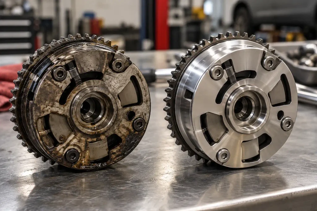 Worn and new cam phaser side by side, a common cause of F-150 EcoBoost startup rattle