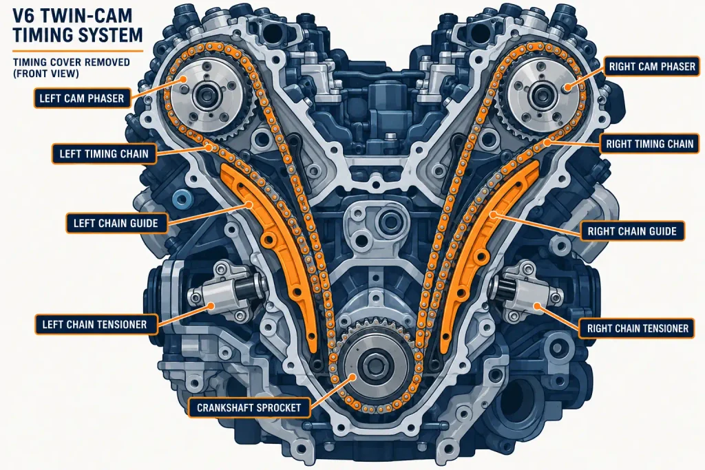 Diagram of a Ford F-150 V6 timing chain system with chains, cam phasers, guides and tensioners labeled