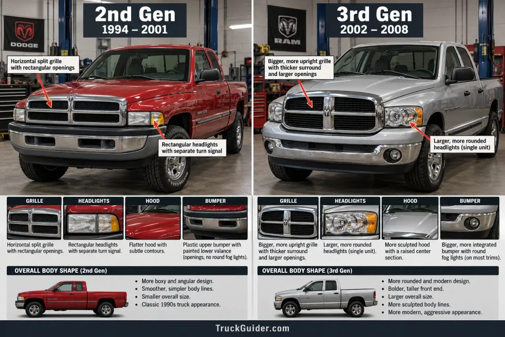2nd Gen vs 3rd Gen Dodge Ram showing grille and body design differences