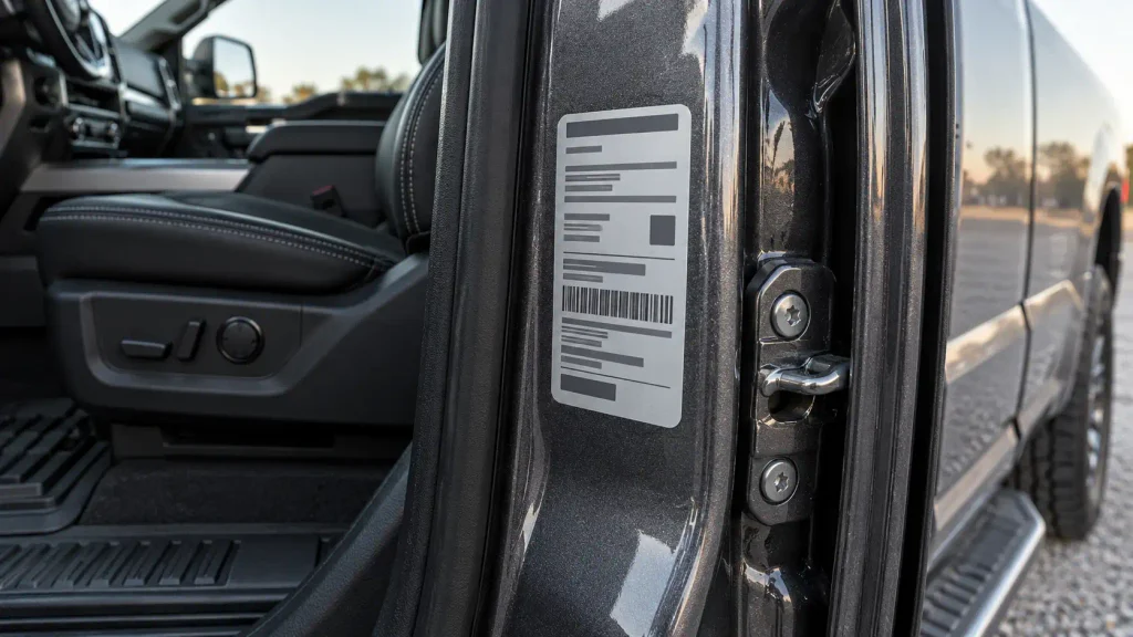 Door jamb weight rating label on a pickup truck