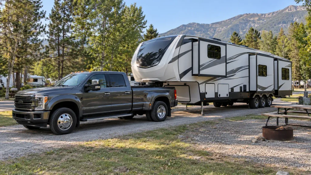 Heavy-duty dually pickup with a fifth-wheel trailer