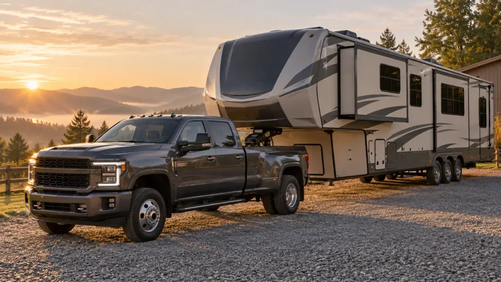 Heavy-duty pickup hitched to a fifth-wheel travel trailer