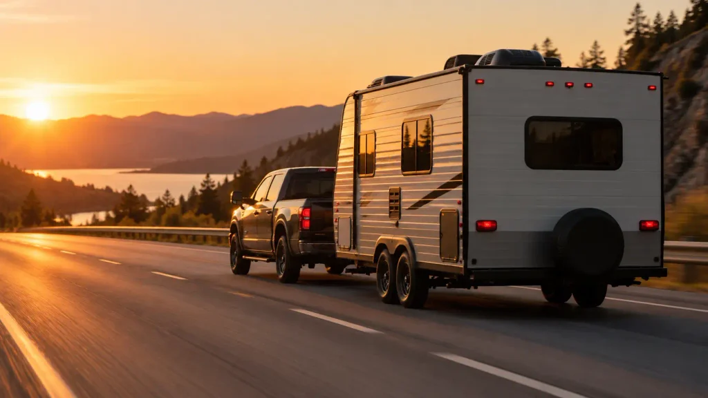 Ram-style full-size pickup towing a travel trailer on a highway