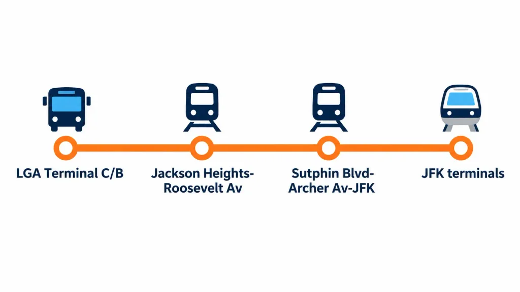 Route diagram from LaGuardia by Q70 bus, subway and AirTrain to JFK