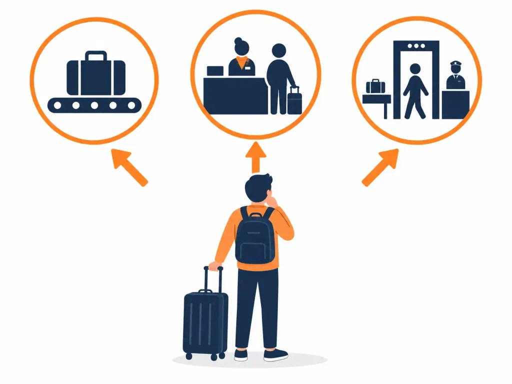 Traveler passing baggage claim, airline check-in and security when changing airports