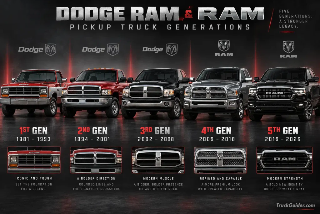Dodge Ram generations chart showing 1st through 5th Gen trucks from 1981 to 2026