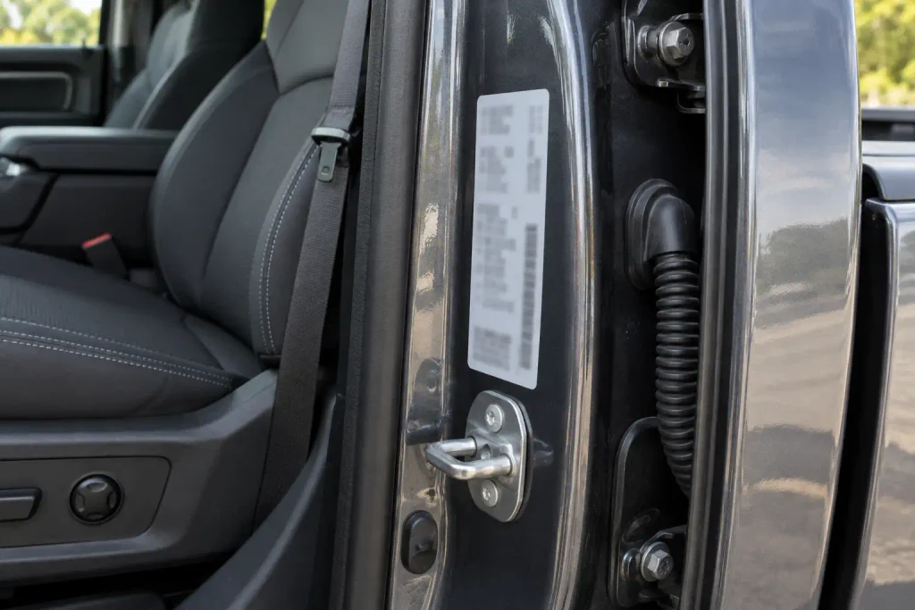 Driver door jamb with a generic vehicle weight rating certification label on a pickup truck