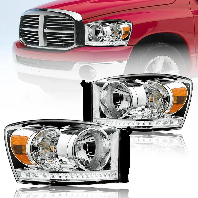 Headlights LED for 2006-2008 Dodge Ram 1500 2500 3500 LED DRL Head Lights Assembly Compatible 2007 2009 with Halogen Headlamps Amber Reflector Chrome Housing
