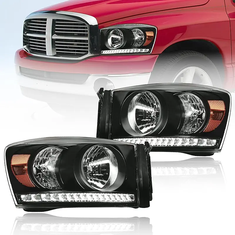 Headlights LED for 2006-2008 Dodge Ram 1500 2500 3500 LED DRL Head Lights Assembly Compatible 2007 2009 with Halogen Headlamps Amber Reflector Black Housing
