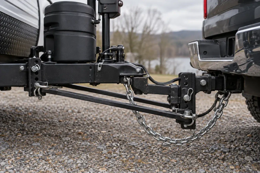 Weight-distributing hitch connecting a travel trailer tongue to a pickup truck