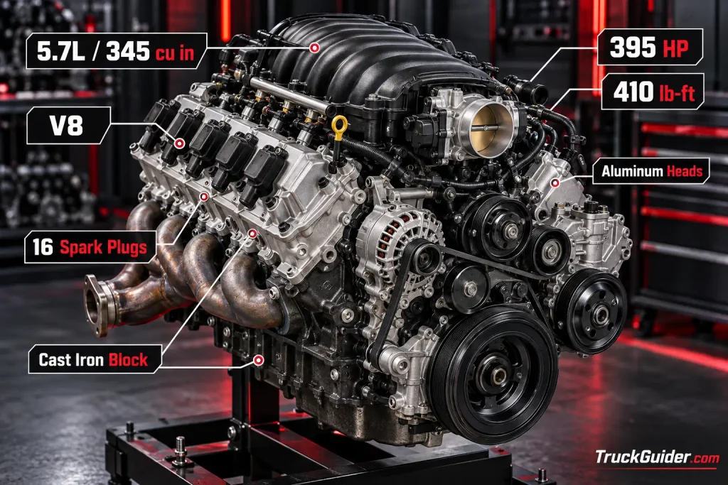 5.7 HEMI engine specs 345 cubic inch V8 395 hp 410 lb-ft