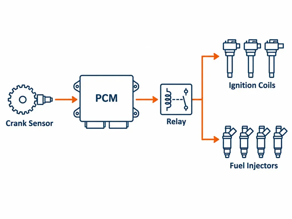 Diagram of the PCM switching the ASD relay to power the ignition coils and fuel injectors