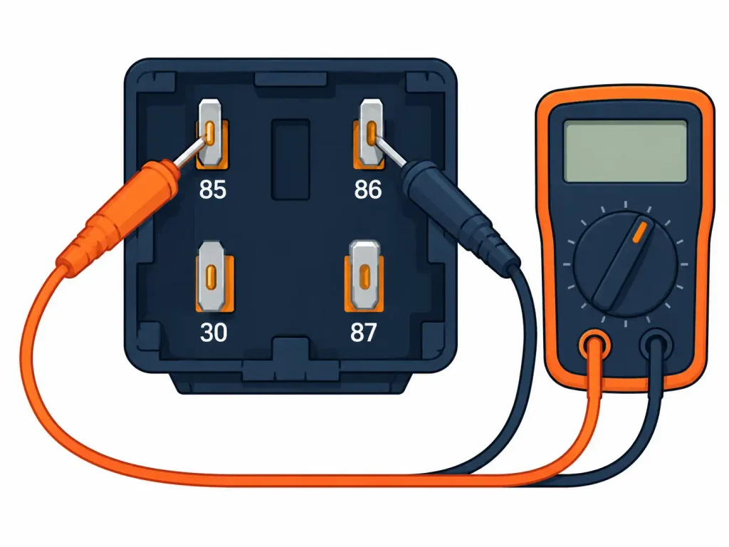 Four-pin relay with pins 85, 86, 30 and 87 labeled for a coil resistance test.