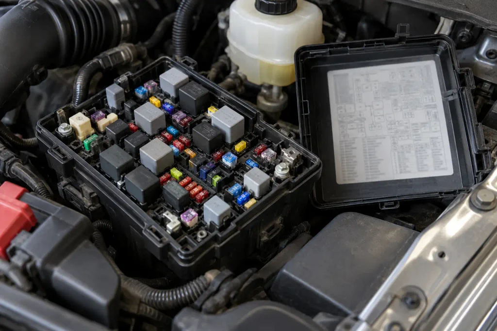 Open engine-compartment fuse box on a Ram 1500 with the relay map on the cover