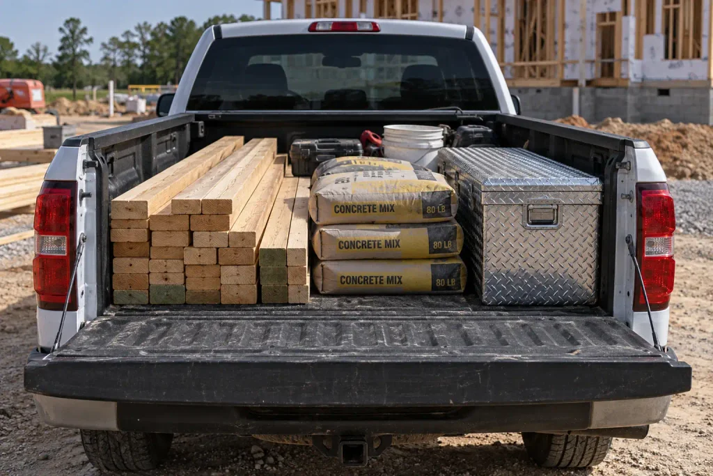 Pickup truck bed loaded with building materials and a toolbox, showing payload in use