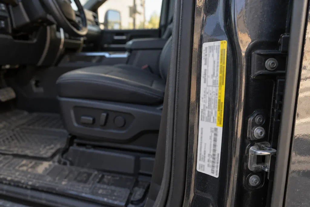 Tire and Loading Information payload sticker on the driver's door jamb of an F-350