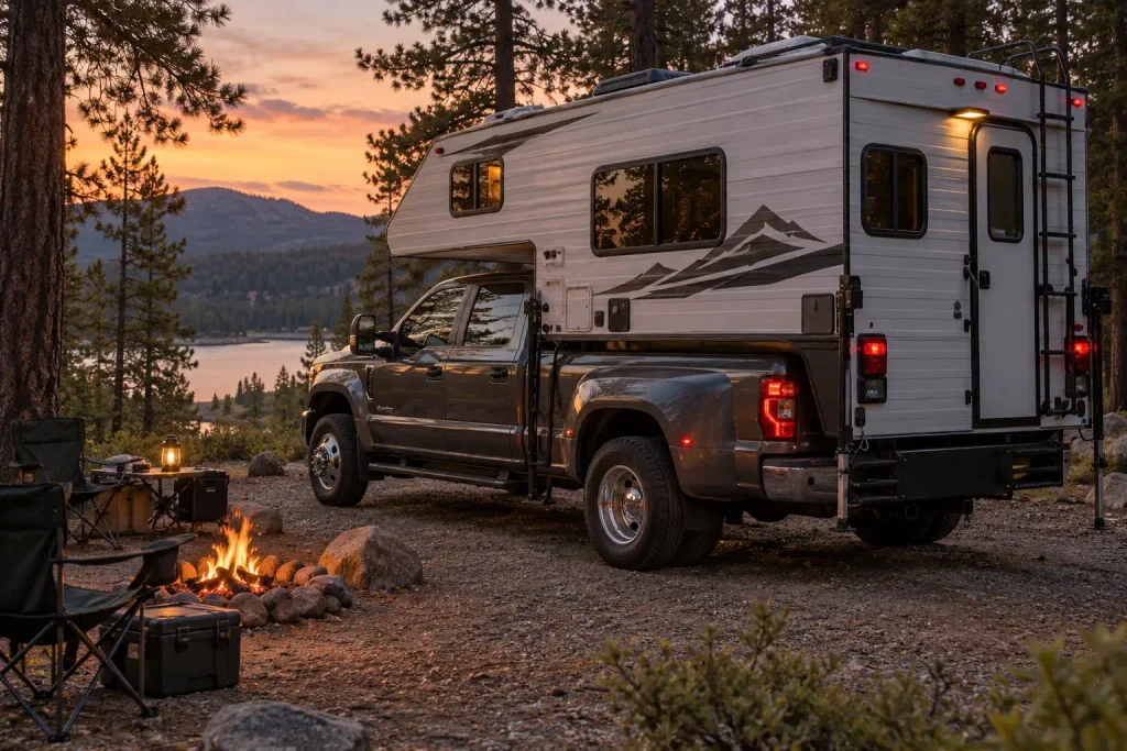 Dually pickup carrying a slide-in truck camper at a campsite