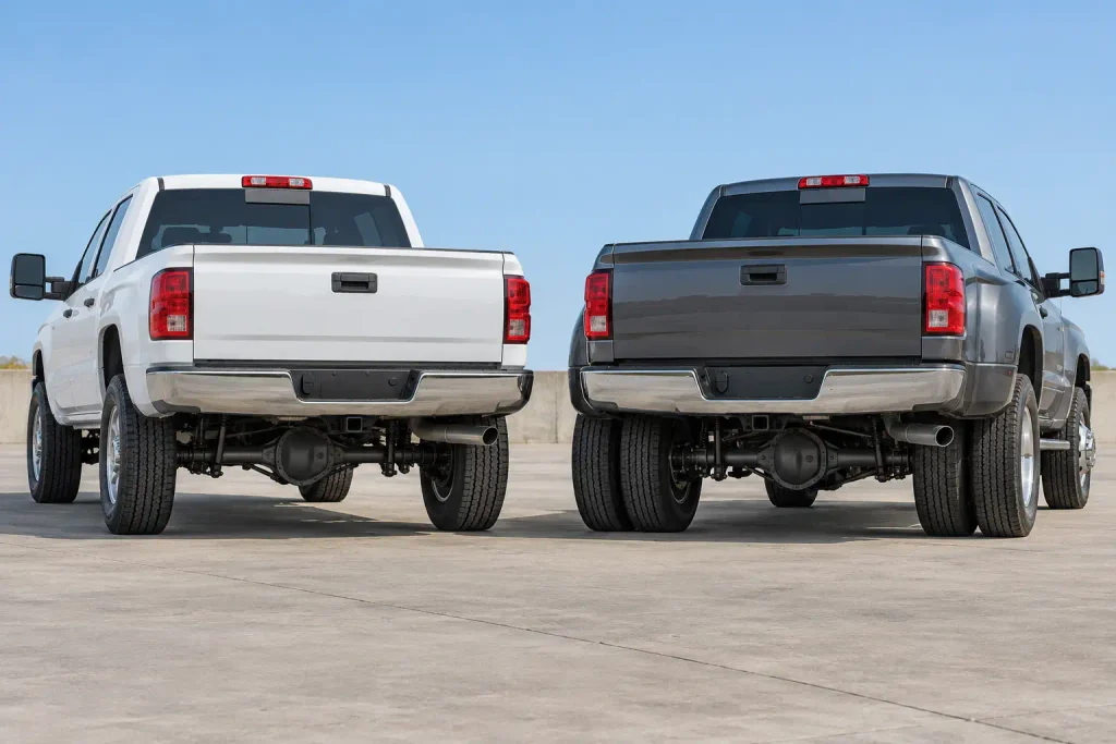 Rear view of a single rear wheel and a dual rear wheel heavy-duty pickup side by side