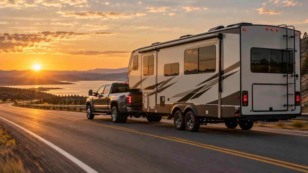 F-350 dually pulling a fifth-wheel trailer on a highway