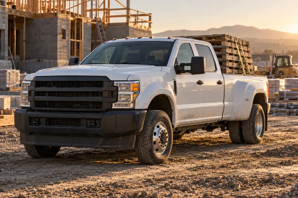 Heavy-duty one-ton pickup truck with a loaded flatbed on a job site