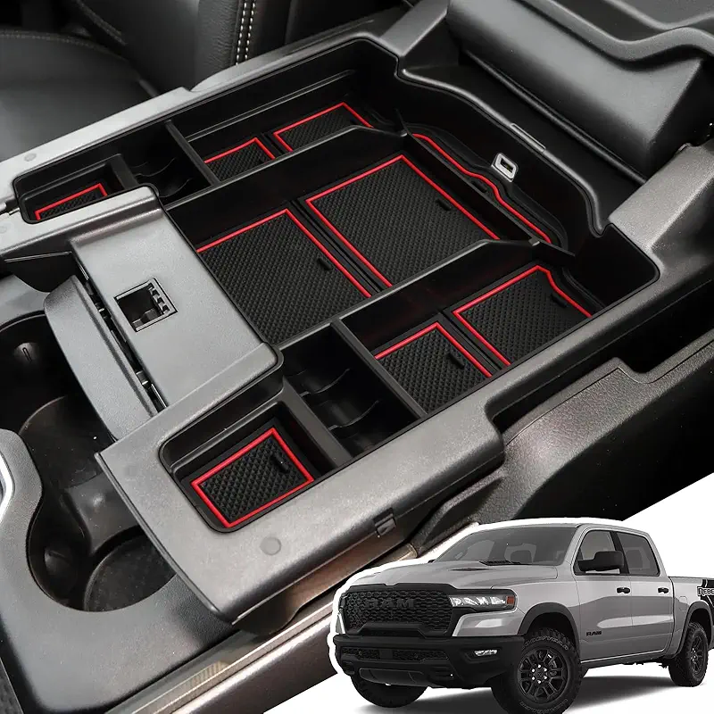 Center Console Organizer for 2025 2024-2019 Ram 1500 2500 3500 (Full Console w/Bucket Seats Only), ABS Storage Box, Middle Console Tray Organizer, Insert Container Pallet,Stickable, Red