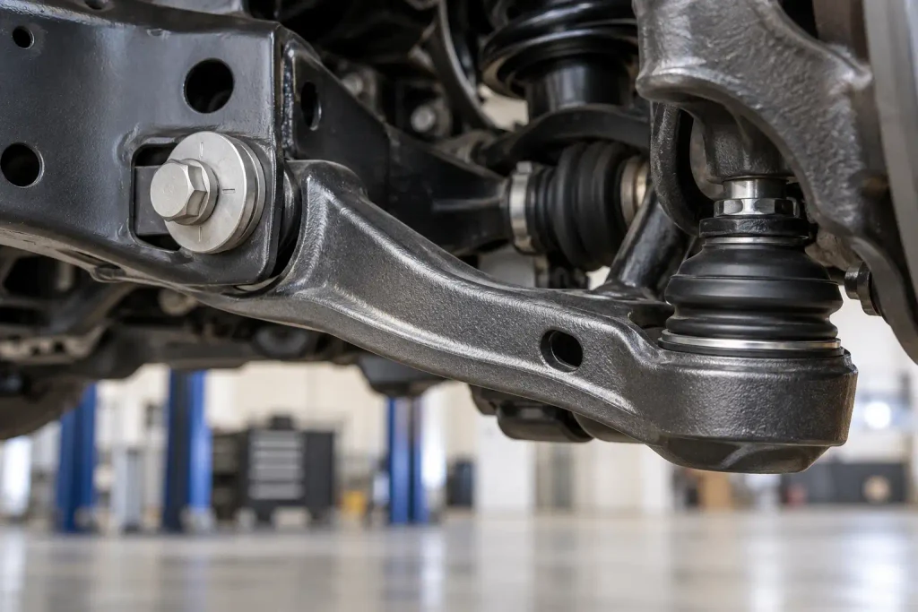 Lower control arm with cam bolt and ball joint