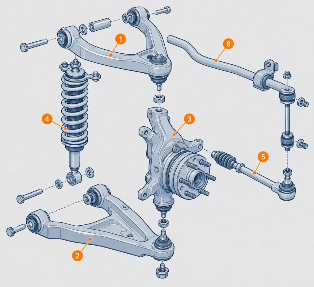 Exploded view of independent front suspension parts