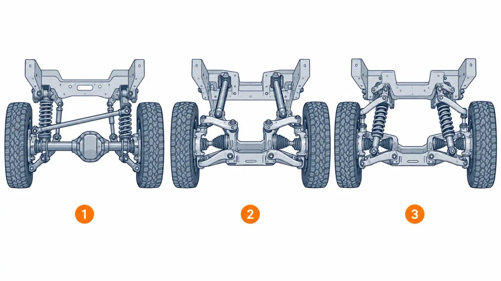 Beam axle, torsion bar and coil-over front suspension layouts compared