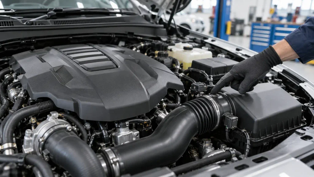 Mechanic inspecting a 3.0L diesel engine