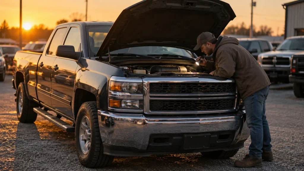 Inspecting a used Ram 1500 engine bay before buying