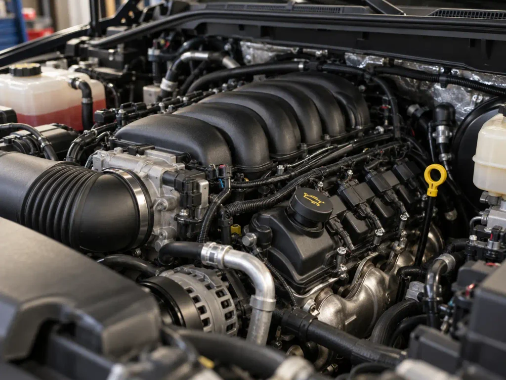 5.7 HEMI V8 engine in a Ram pickup with the oil filler cap visible