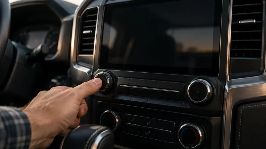 Pressing and holding the radio power button on a pickup dashboard