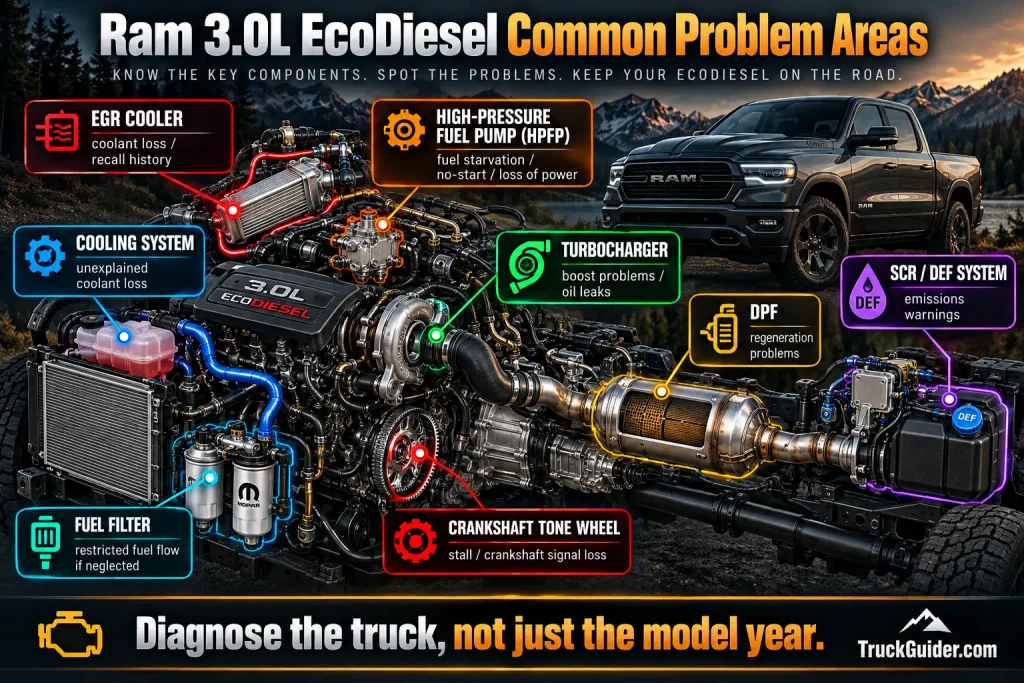 Ram EcoDiesel common problems EGR HPFP DPF tone wheel
