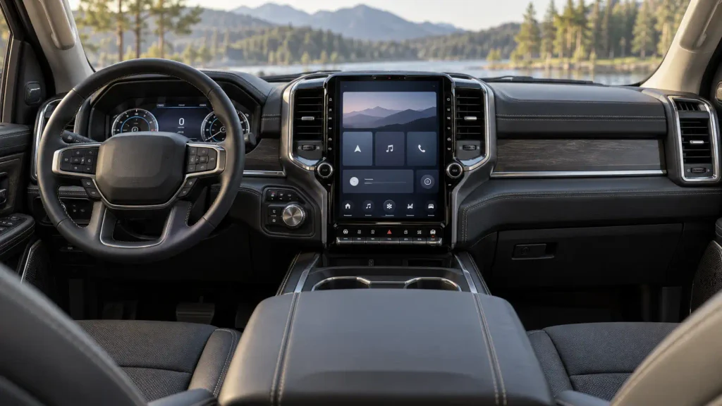 Ram 1500 style dashboard with a vertical Uconnect touchscreen