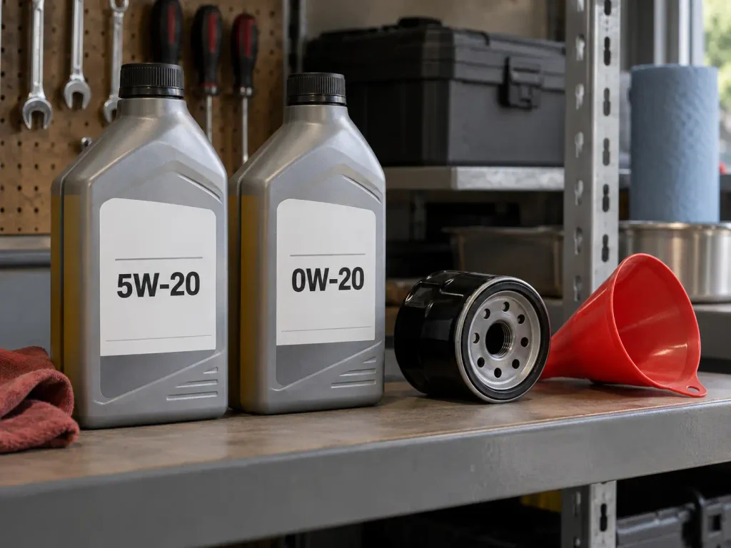 Bottles of full synthetic 5W-20 and 0W-20 motor oil with the back label checked for MS-6395