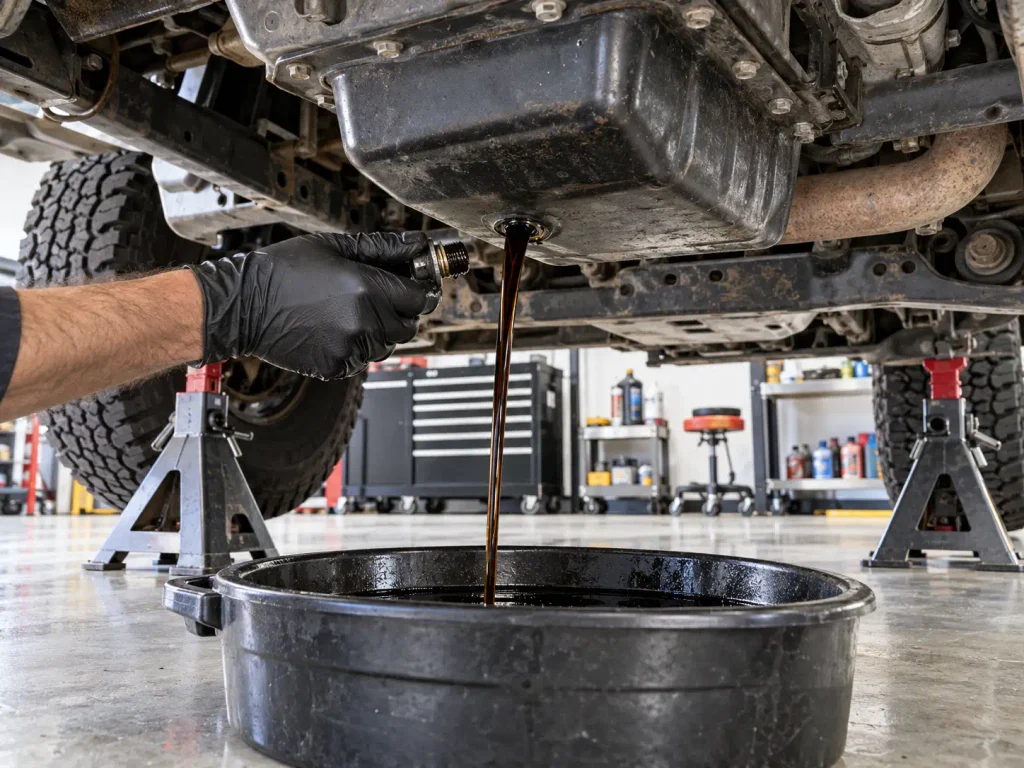Draining engine oil from a Ram 1500 into a drain pan during an oil change