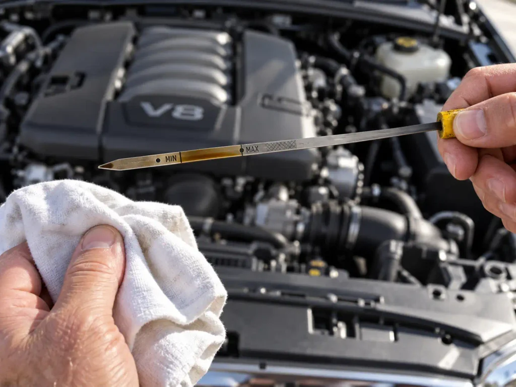 Checking the oil level on a 5.7 HEMI dipstick after an oil change