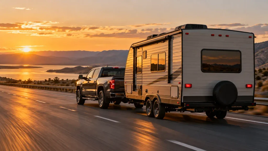 Full-size pickup towing a travel trailer on a highway at golden hour