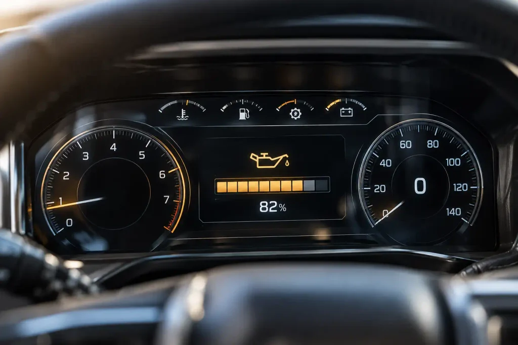 Pickup truck digital instrument cluster showing an engine oil level and oil life screen