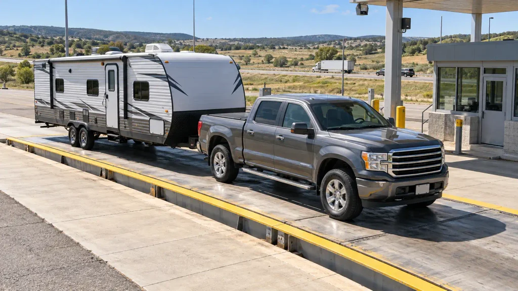 Full-size pickup truck and travel trailer on a truck scale being weighed